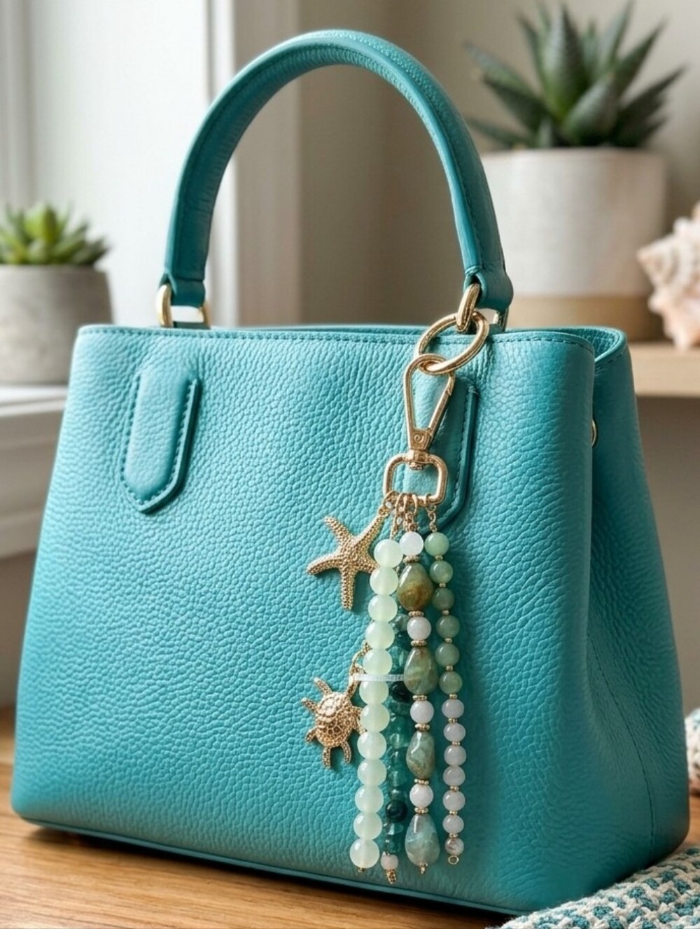 Teal & Gold Beach Beaded Bag Charm with Starfish and Sea Shell - Picture 5 of 5